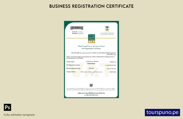 listo para imprimir Plantilla de certificado de registro de IVA de Arabia Saudit